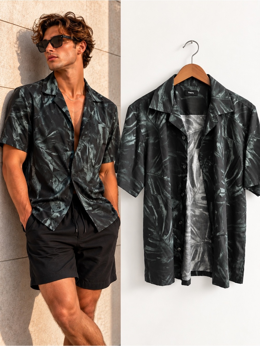 Theory Noll Palm Print Camp Collar Shirt Men’s S Black Green Lyocell